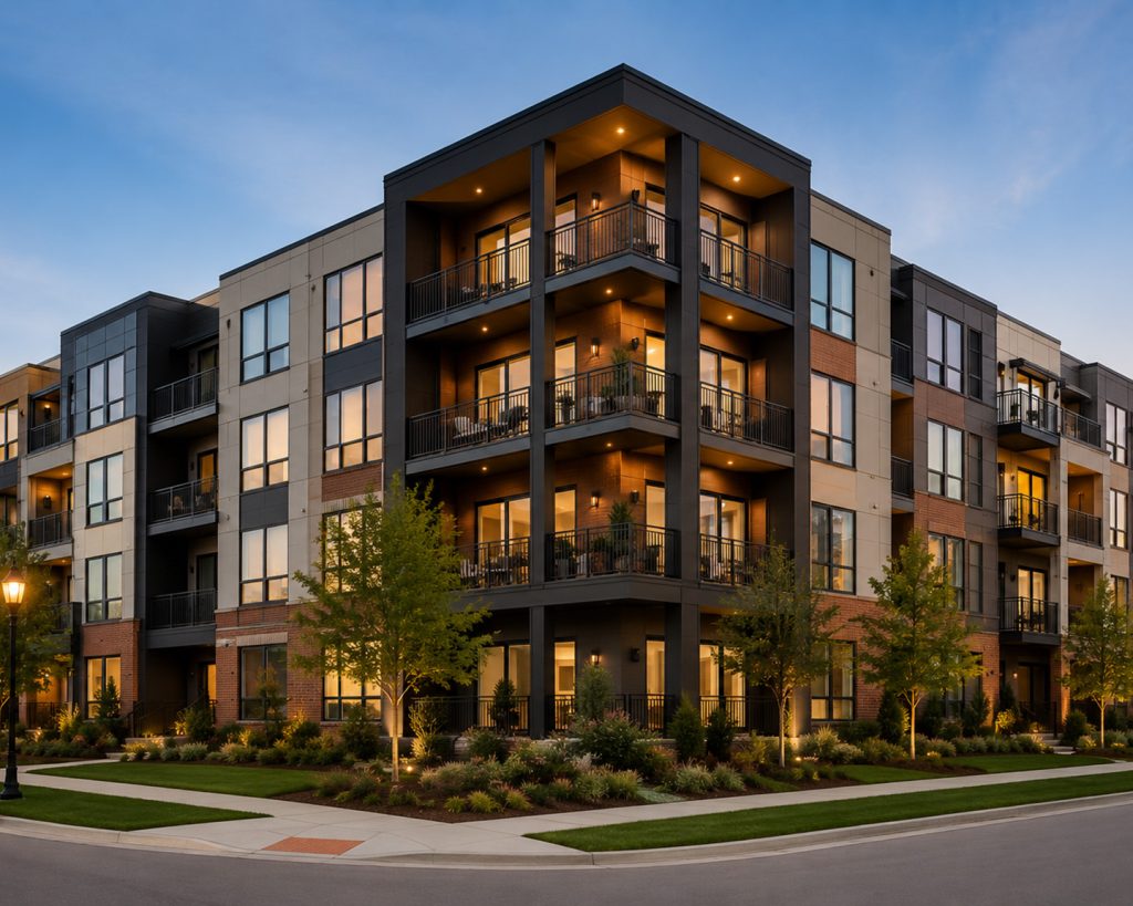 Multi-story apartment building with illuminated balconies at dusk