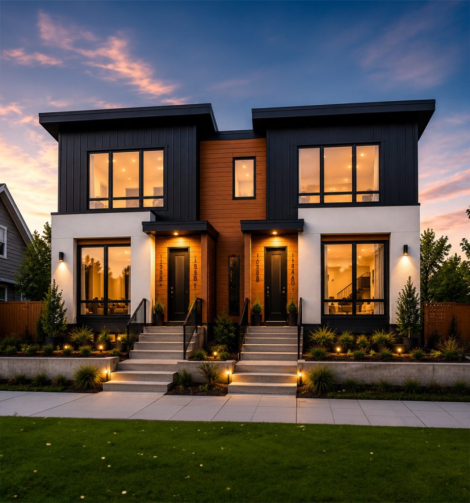 Modern duplex investment property exterior at dusk