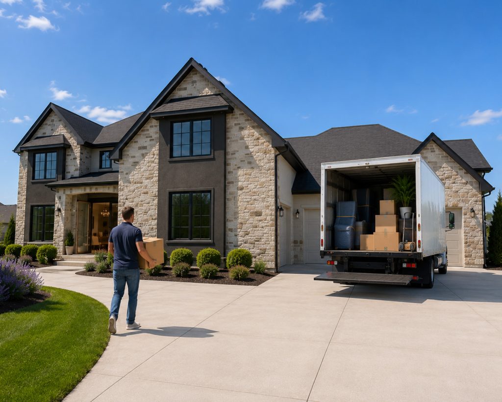Moving day at a new home, carrying boxes from the moving truck