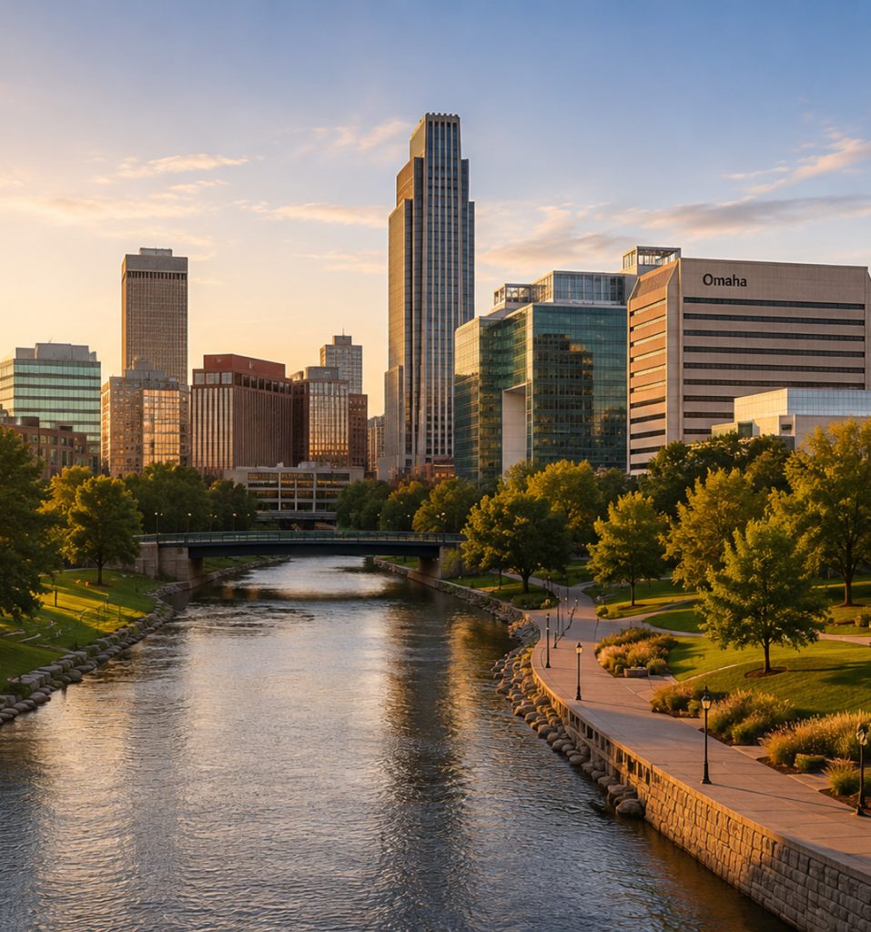 Downtown Omaha skyline along the riverfront in daylight
