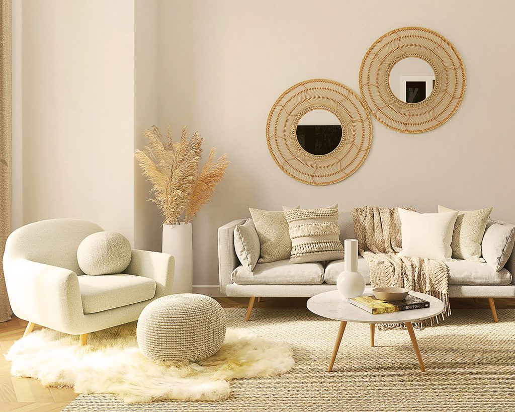 Neutral, boho-styled living room staged for sale