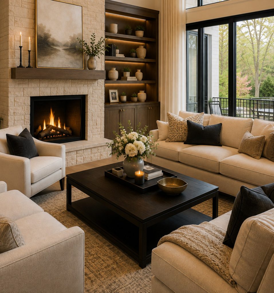 Staged living room with fireplace and built-in shelving in a listed Omaha home