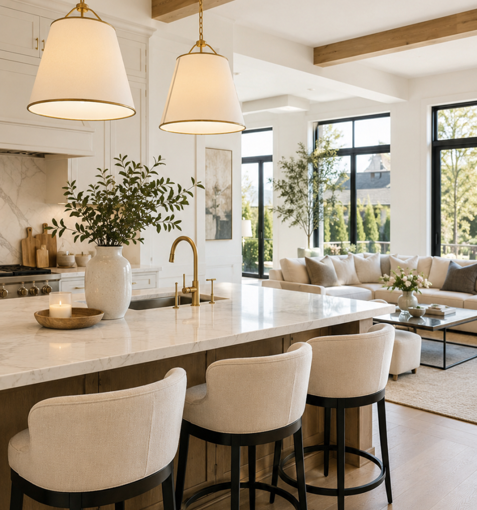 Bright modern kitchen with pendant lighting and marble island in an Omaha home