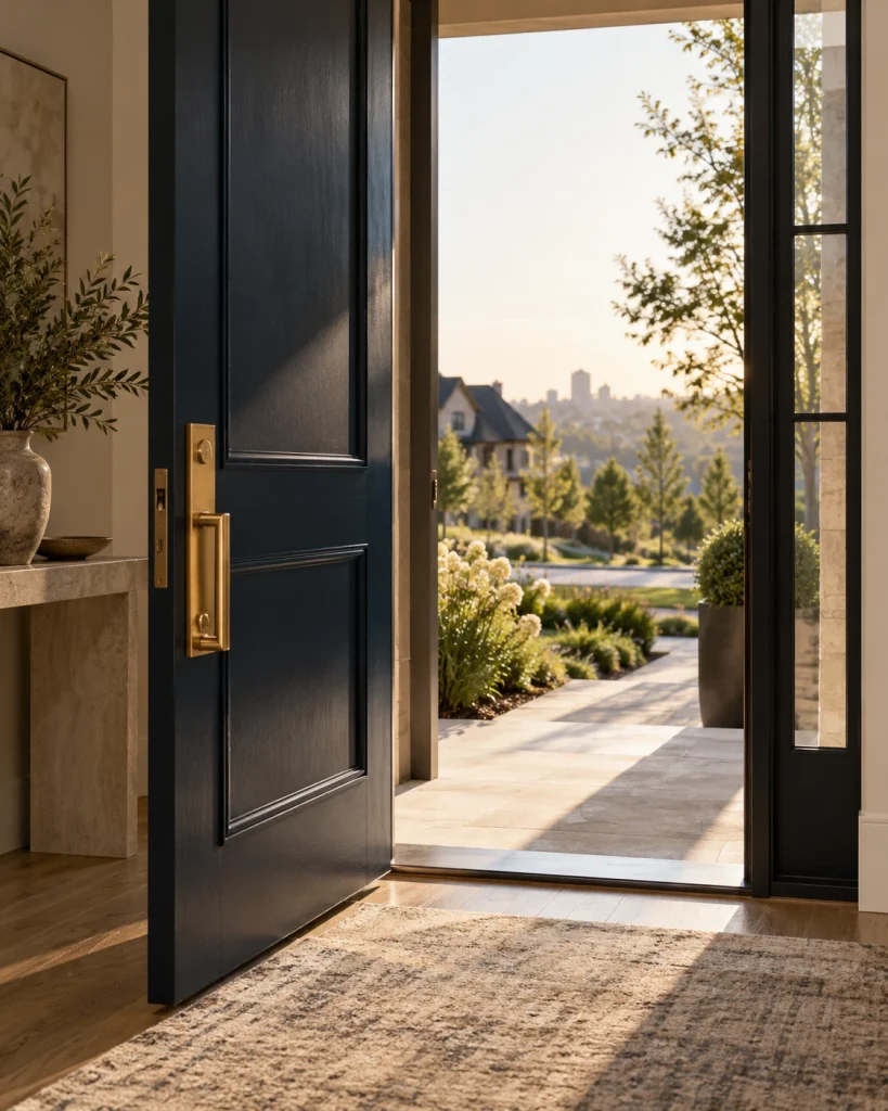 Open navy front door with warm light and a residential view